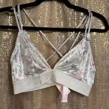 PINK Victorias Secret White Floral Velvet Triangle Strappy Bralette Small NWT