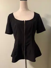 Black‎ Peplum Top Bebe shirt Gold Zipper Short Sleeve Y2K goth whimsi boho retro