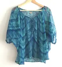 Urban Outfitters Ecote Wave‎ Print Sheer Blouse Button Up Top Womens Size M Blue