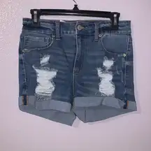 Aero High Rise Midi distressed stretchy denim shorts