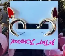 Betsey Johnson Gold Tone Heart Huggie Hoop Earrings Red Heart Drop NWT