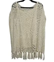 One World Womens Size M Cream Bohemian Crochet Fringe Layered Sweater Beach BOHO