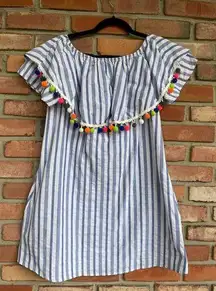 Bellamie, Size Large, Blue & White Striped Off Shoulder Mini Dress w/ Pom Poms