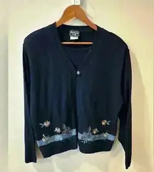 Ladies VINTAGE SOUTHERN LADY SWEATER LAYERED CARDIGAN BLUE WITH FLORAL DESIGN XL