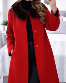 Vintage Red Wool Trench Coat with Real Fur Collar Union Made USA