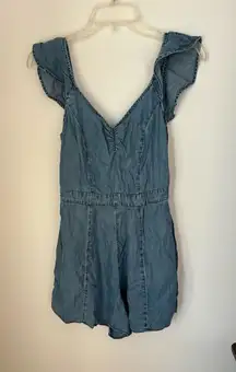 NWT American Eagle denim romper with cutout back and ruffle sleeves size S