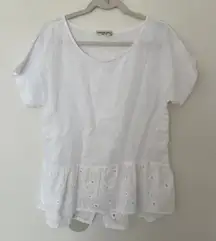 Terzo Millennio White Linen Eyelet Button Boat Neck Short Sleeve Tunic Top Sz S