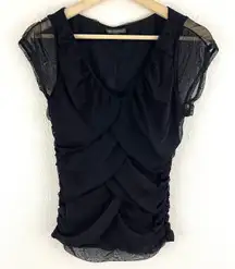 For Cynthia Vintage Grunge Edgy Black Mesh V Neck Drape Stretch Short Sleeve Top