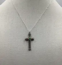 Black Cross Green Stone  Chain 18” Adjustable To 20” Silver Tone