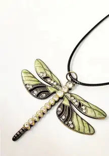 Green enamel & rhinestone dragonfly pendant Necklace