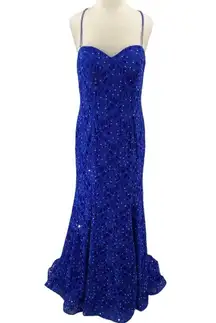 Intrigue Open Back Gown Rhinestone Spaghetti Strap Lace Blue Stretchy NEW 16