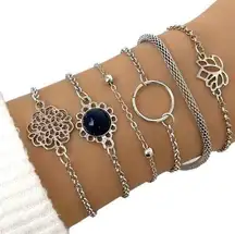 Layered 6 Piece Lotus Stackable Bracelets, Cuff Bangle Boho Chic Set Chain NWT