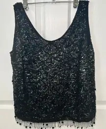 Black Sequin Beaded Y2K Embellished Silk Tank Top Blouse S/M‎ Evening Cocktail