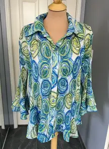 Christopher‎ & Banks Abstract Floral Crinkle Button Up Artsy Retro Blouse Size