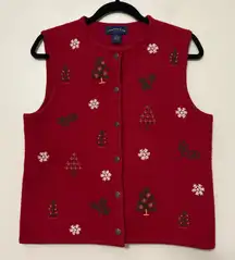 Charter Club Petite Red Wool Christmas Vest Snowflake Tree Holiday Sweater S