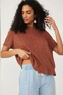 Free People  Bali Backpacker Tee Rust Combo Linen Blend Relaxed Fit Top Size S