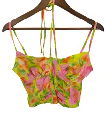 ASOS Design Floral Halter Neck Ruched Crop Top Neon Yellow Pink Green Size 2