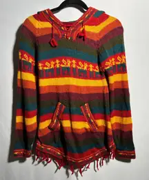 Rainbow Striped Alpaca Wool Sweater Hoodie Made in Peru Pockets Fringe XS