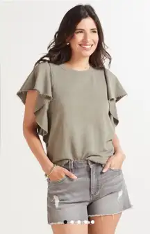 Michael Stars Ariana Raw Edge Ruffled Flutter Sleeve Sweatshirt Medium