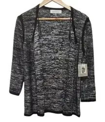 Kasper Sequins Open Front Cardigan Sweater Black Silver Metallic Knit NWT Size S