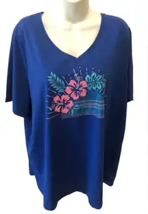 Catherines V Neck Royal Blue SS Tee Shirt Top Sz. 1X/18/20W Embellished Floral
