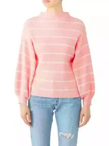 Saylor Reformation Pink White Stripped Ribbed Knit Wool Crewneck Balloon Sleeve