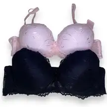 Lot of 2 Lace Double Push Up Bras NWOT 34B Black Pink Peach