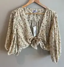 REDBERRY Crop Top‎ Blouse Tie Front Size Large Floral Puffy Sleeves NWT