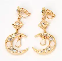 Gold 2" Opal Starburst Moon Clip On Drop Earrings Celestial Dangle