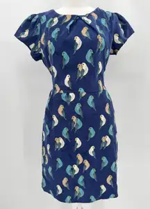 Blue Corduroy Parakeet Print Dress Belted Pockets Whimsical Novelty Medium