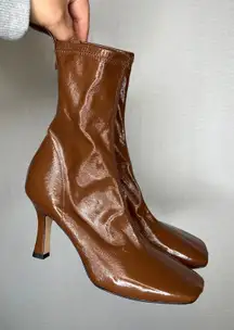 Bianca Di Womens Brown Patent Leather Square Toe Heel Ankle Boot Booties Size 10