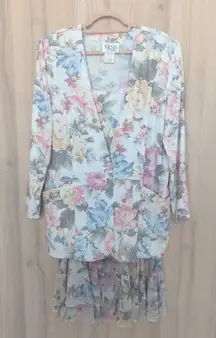 VTG Tess Dress Womens Floral Dress Blazer Set Sz 14 90s Cottage Romantic Pastel