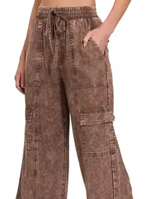 Zenana Washed Linen Elastic Band Waist Cargo‎ Pants