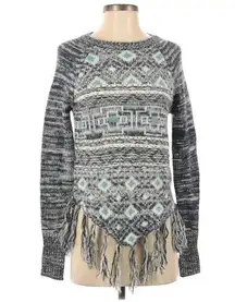 Hollister Womens Black White Teal Abstract Print Long Sleeve Fringe Sweater, S