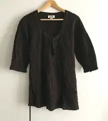 3/$15 - Loft‎ Ann Taylor Dark Brown Knit Button Up Blouse Top Belted Womens Sz 8