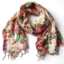 Lunn Linen Floral Scarf Wrap Shawl Cream Red Pink Fringe Made in India Feminine