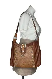 MEEKER CO Western Leather Bag Buckskin Lady Gold Silver Details Shoulder VINTAGE