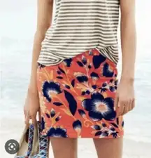 J. Crew Postage Stamp A-Line Linen Skirt Hibiscus Floral Neon Orange Navy Size 2
