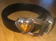 Vintage Brighton Black Belt Heart Silver Gold Buckle Made in USA Small 1996