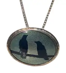 Vintage Unique Italian Silver Peaceful Bird Lovers 
 Long Oval Designer Necklace