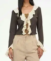 CIDER Lace Up Ruffle Blouse