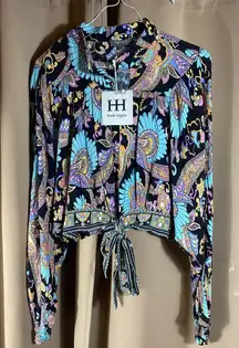 Haute Hippie Top Medium Smocked Boho Bell Sleeve Tie Cropped Festival‎ Artsy NEW