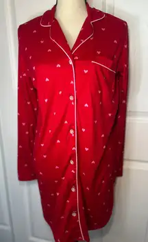 Laura Ashley Red Heart Print Pajama Nightgown Sleep Shirt Button Up Size Medium