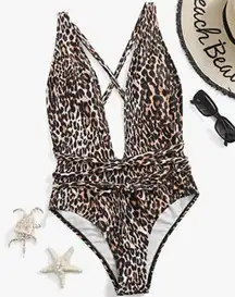 Women's Sexy Bathing Suits Criss Cross Tie Knot Front Deep V Open Back Leopard One Piece