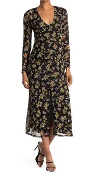 AFRM Tezza Black & Yellow Floral Ruched Mesh Bodycon Midi Dress