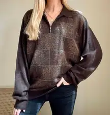 Vintage Checkered Grid Print Speckled Polo Neck Collared Quarter Zip Sweater in Chocolate Brown 