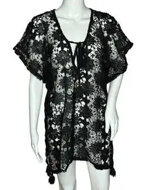 Unbranded Floral Crochet Beach Cover Up Black Short Sleeve V-Neck Tie Neck XL