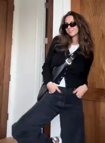 SO Ribbed‎ Button Up Cropped Long Sleeve Black Cardigan Size Large