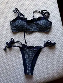 Seamolly Navy Blue Gingham Spliced Ruched Ruffles Trim Bowknot Tie Side Bikini Set