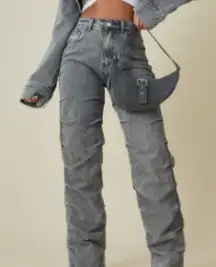 NWT - PLT Washed Grey Ruched Straight Leg Denim Jeans - Size 4